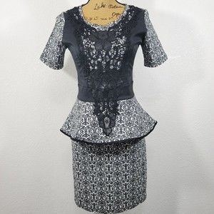 LUCY Fashion Black White Floral Jacquard Lace Applique Peplum Dress